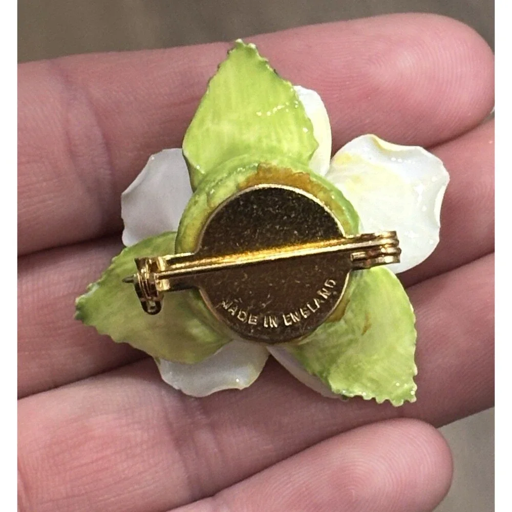 Vintage Porcelain Flower Brooch Made In England Yellow White Rose Bone China